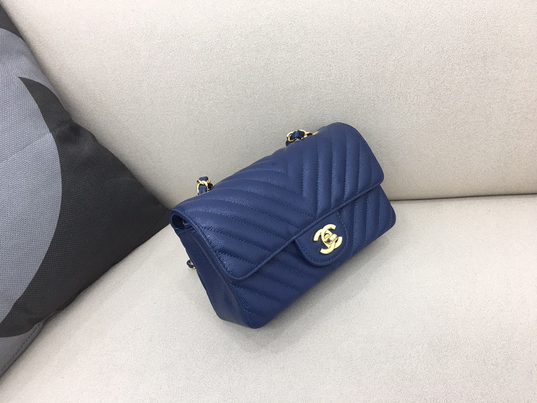 Small Classic Flap Caviar Bag A01116 Dark Blue/Gold